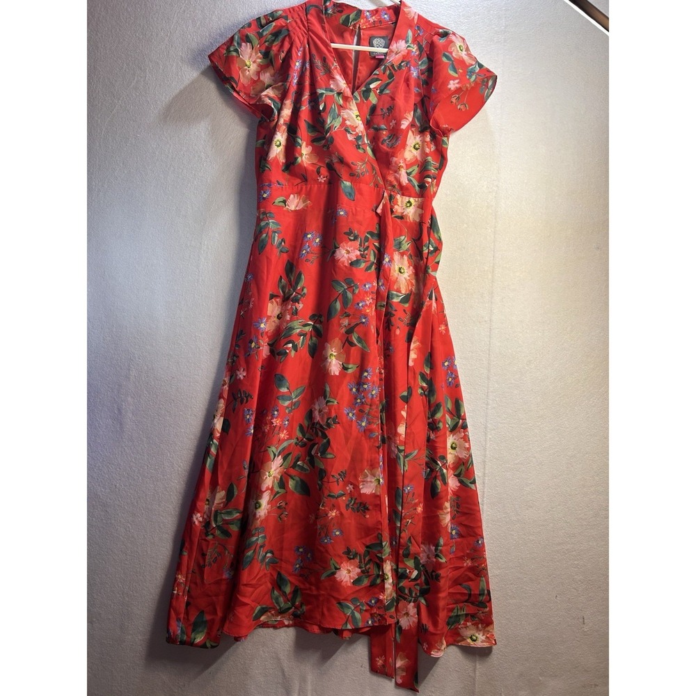 Vince Camuto Women's Red Multicolor Floral V-Neck Fit &‎ Flare Midi Dress 6